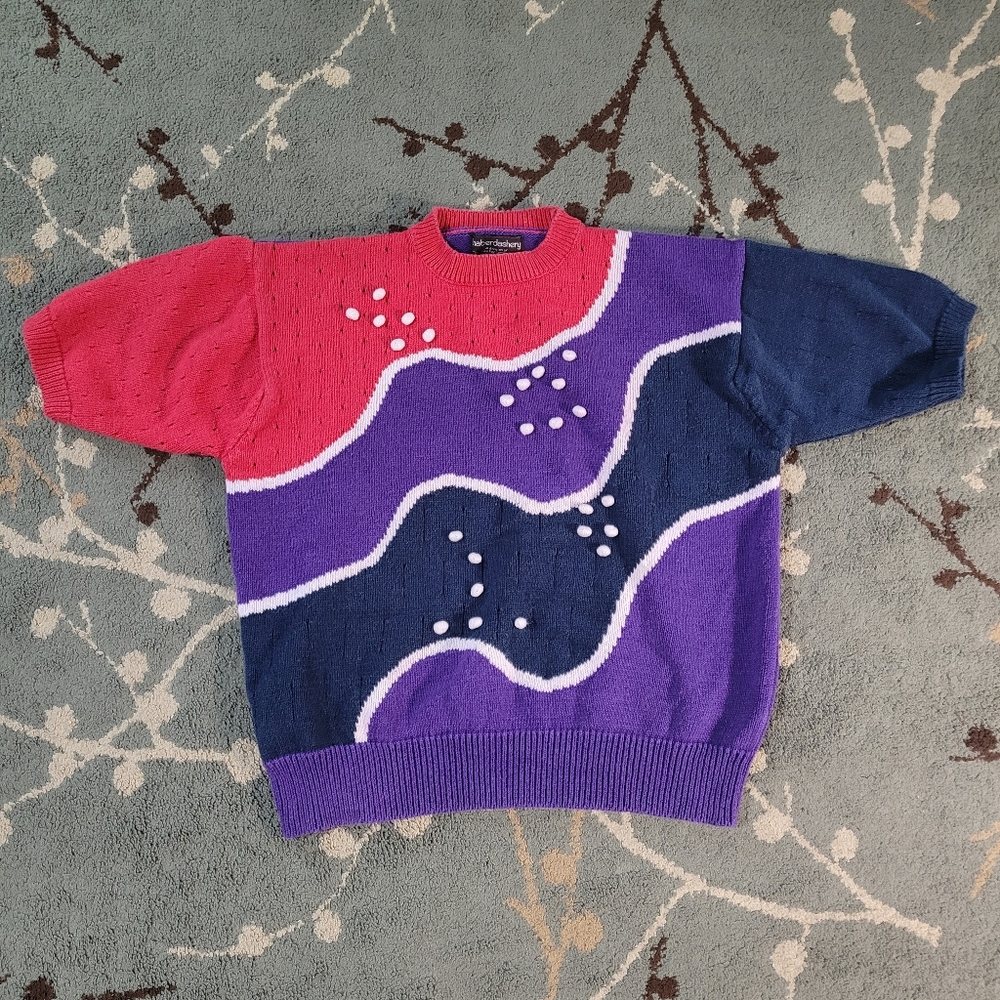 Vintage 80s 90s Haberdashery Ugly Short Sleeve Red Purple Blue Womens XL Sweater